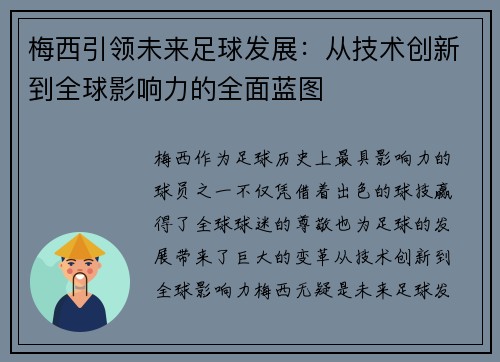 梅西引领未来足球发展:从技术创新到全球影响力的全面蓝图 梅西引领未来足球发展:从技术创新到全球影响力的全面蓝图