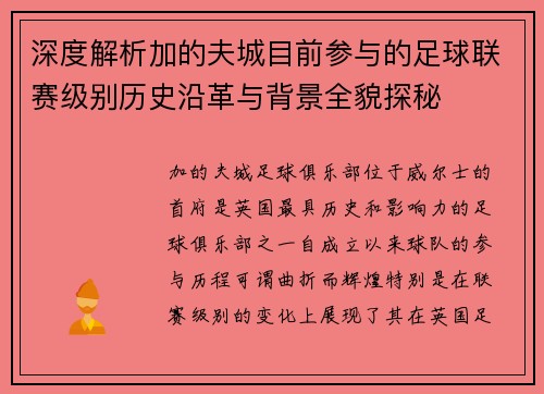 深度解析加的夫城目前参与的足球联赛级别历史沿革与背景全貌探秘 深度解析加的夫城目前参与的足球联赛级别历史沿革与背景全貌探秘