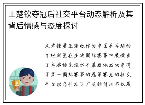 王楚钦夺冠后社交平台动态解析及其背后情感与态度探讨