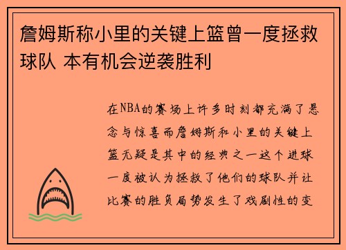 詹姆斯称小里的关键上篮曾一度拯救球队 本有机会逆袭胜利